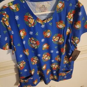 Blue Christmas Garfield Print Scrub Top